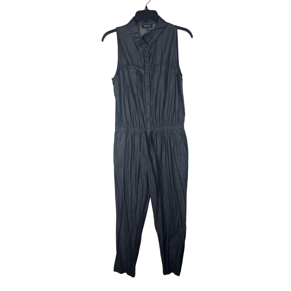 Kenneth Cole New York Denim Jumpsuit Sleeveless Button Down Elastic Waist Medium